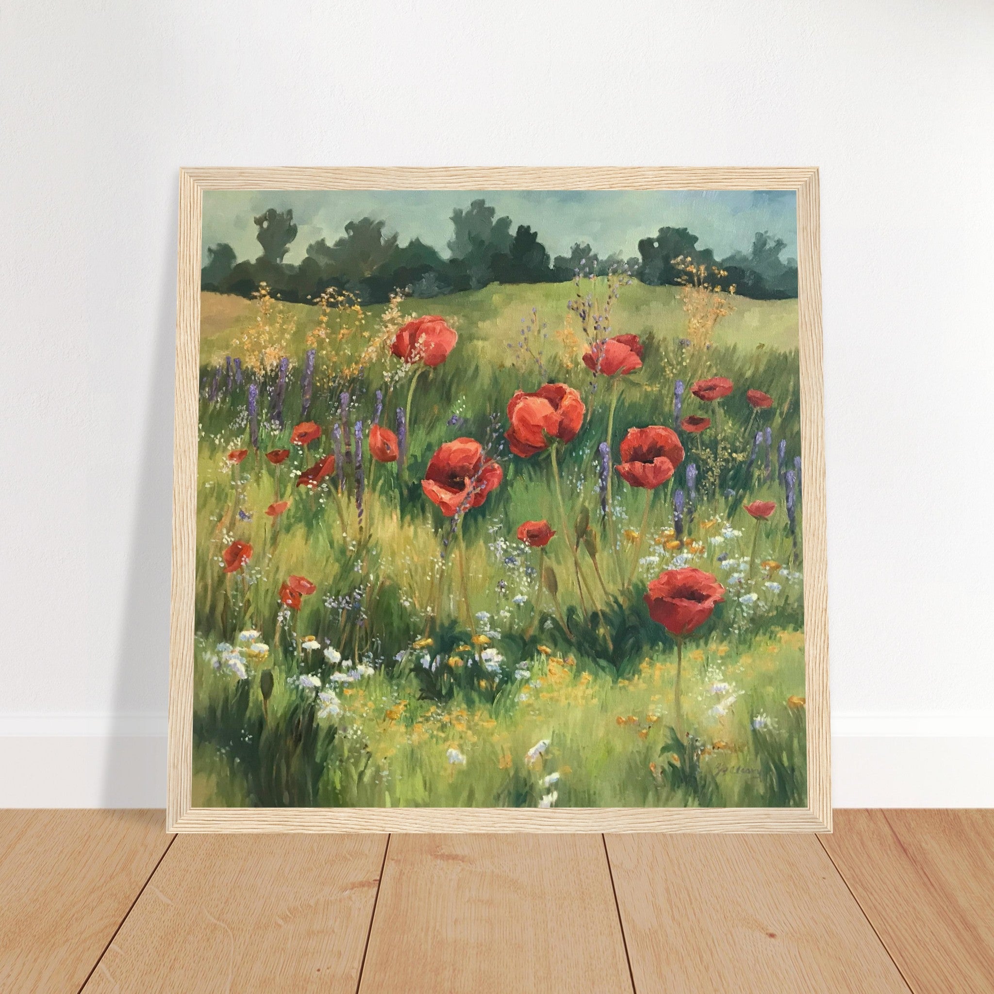 'Field of Red Poppies' Floral I 12x12 inch Wooden Framed Art Print I Original Artwork by American Artist Barbara Cleary - Rosetta Creative Boutique